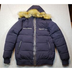 Spire by Galaxy Heavyweight Puffer Jacket Mens Navy Blue‎ Size XL Faux Fur Trim